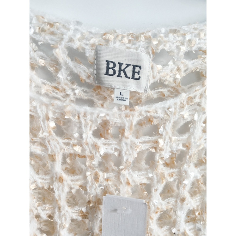 New Bke Sweater Large Crochet Eyelash Pointelle Open Knit Cream Relaxed Pullover - Picture 7 of 10
